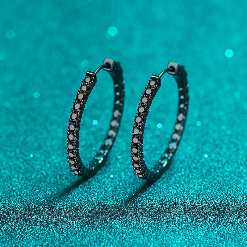 DHCollections-- Sterling Sier Earrings for Women Full Circle Black Moissanite Cuffs Plated PT950 Gold Ear Jewelry Straight