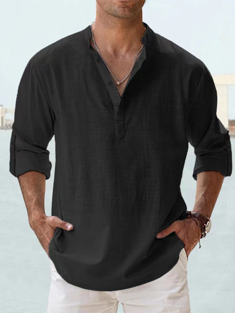 2025 Men's Stand Collar T-Shirt Loose Sweatshirt Solid Color Long Sleeve Cotton Shirt for Men