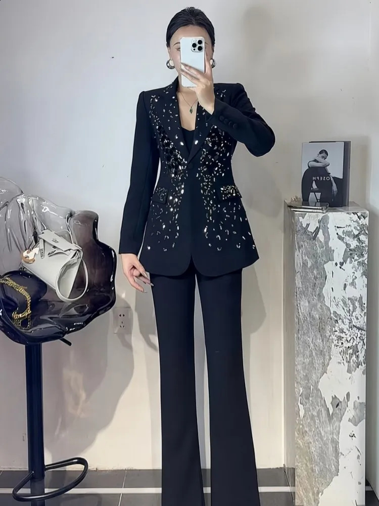 Office Ladies Work Formal Suit Elegant Long Sleeve Blazer Jacket Two Piece Set Host Fashion Sequin Floor Length Bootcut Pant 251023