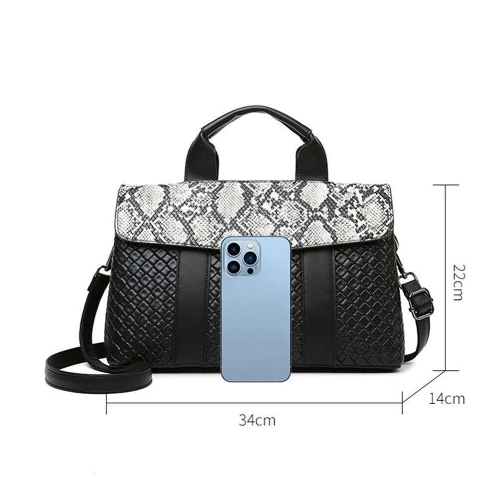 High-Grade Women Handbag Solid Black Pu Leather Flap Woven Print Tote Large Capacity Female Casual Crossbody Bags Lady Pack