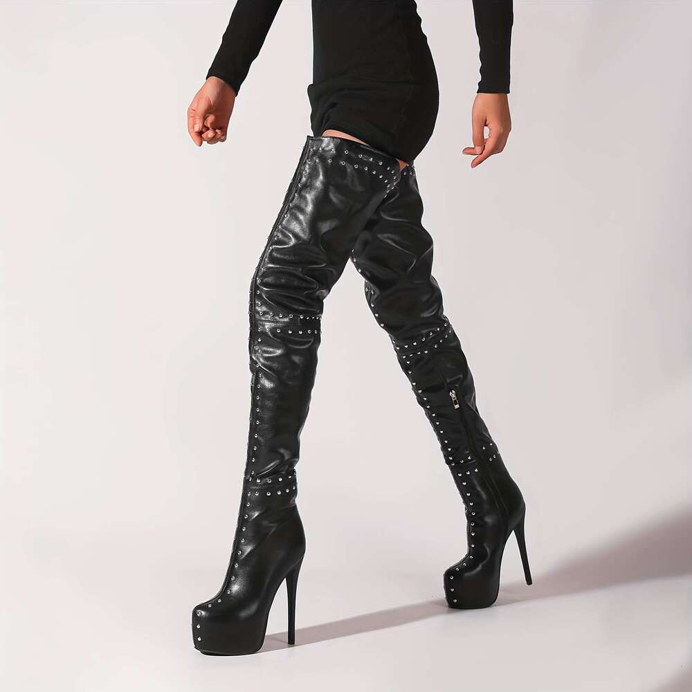 Women's Over-The-Knee With Sexy Platform Stiletto Heel Studded Detailing, These Tight, Black High Boots Are Designed To Make A Bold Fashion State