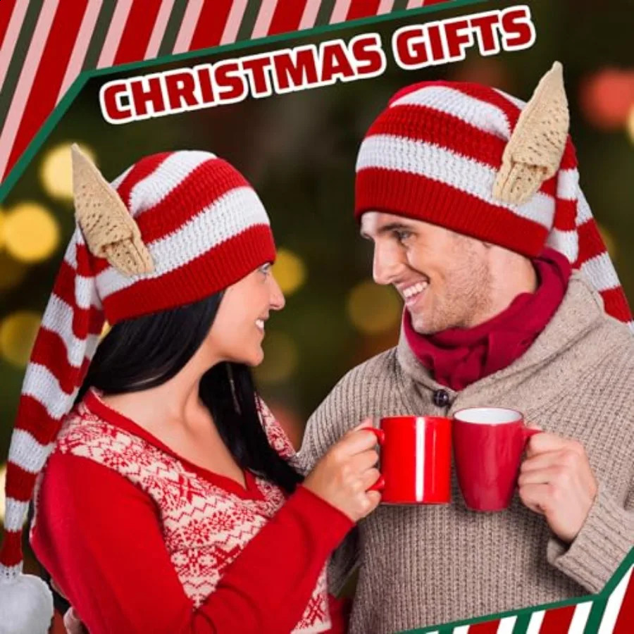 Christmas Knitted Elf Hats with Ears for Adults Women Men Red and White Elf Beanie Crochet Long Santa Hats Beanie Elf Costume A 251023