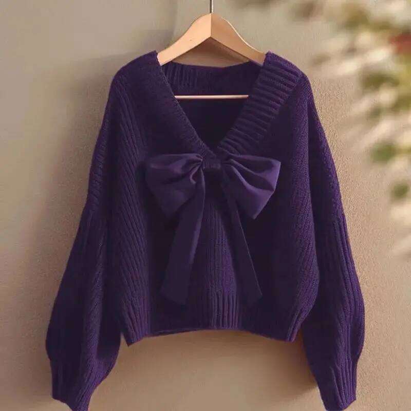 Big Bow Knitwear Sweater For Women Patchwork Red Christmas V-Neck Batwing Sleeve Pullover Female Knit Elegant Pullove