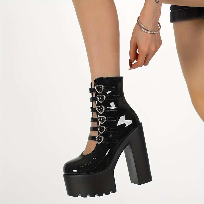 Women's Black Mary Jane High Heels With Heart Laces - Stylish, All-Season, Round Toe, Block Boots, Rubber Sole, Polyurethane Upper, Inner & Insol
