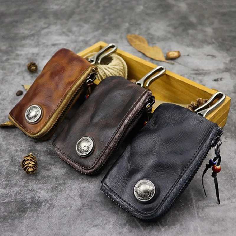 Natural Leather Key Wallet for Men Short Zipper Car Key Holder Real Leather Coin Purse Card Case Bag Keys Organizer Housekeeper Z251023