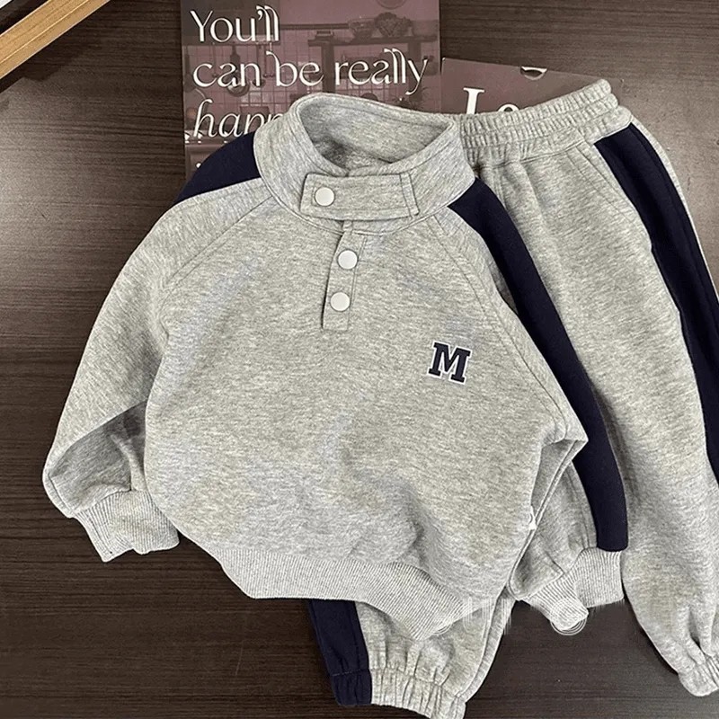 luxury kids clothing 2025 Winter Boys Outfit, Fleece-Lined Stand Collar Jogger Set, Trendy Athleisure Wear for Kids