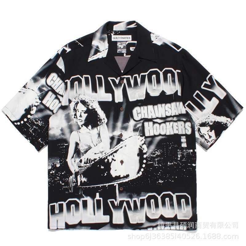 Trendy Street Style Chainsaw Man Pattern Print Unisex Cuban Collar Hawaiian Short Sleeve Shirt