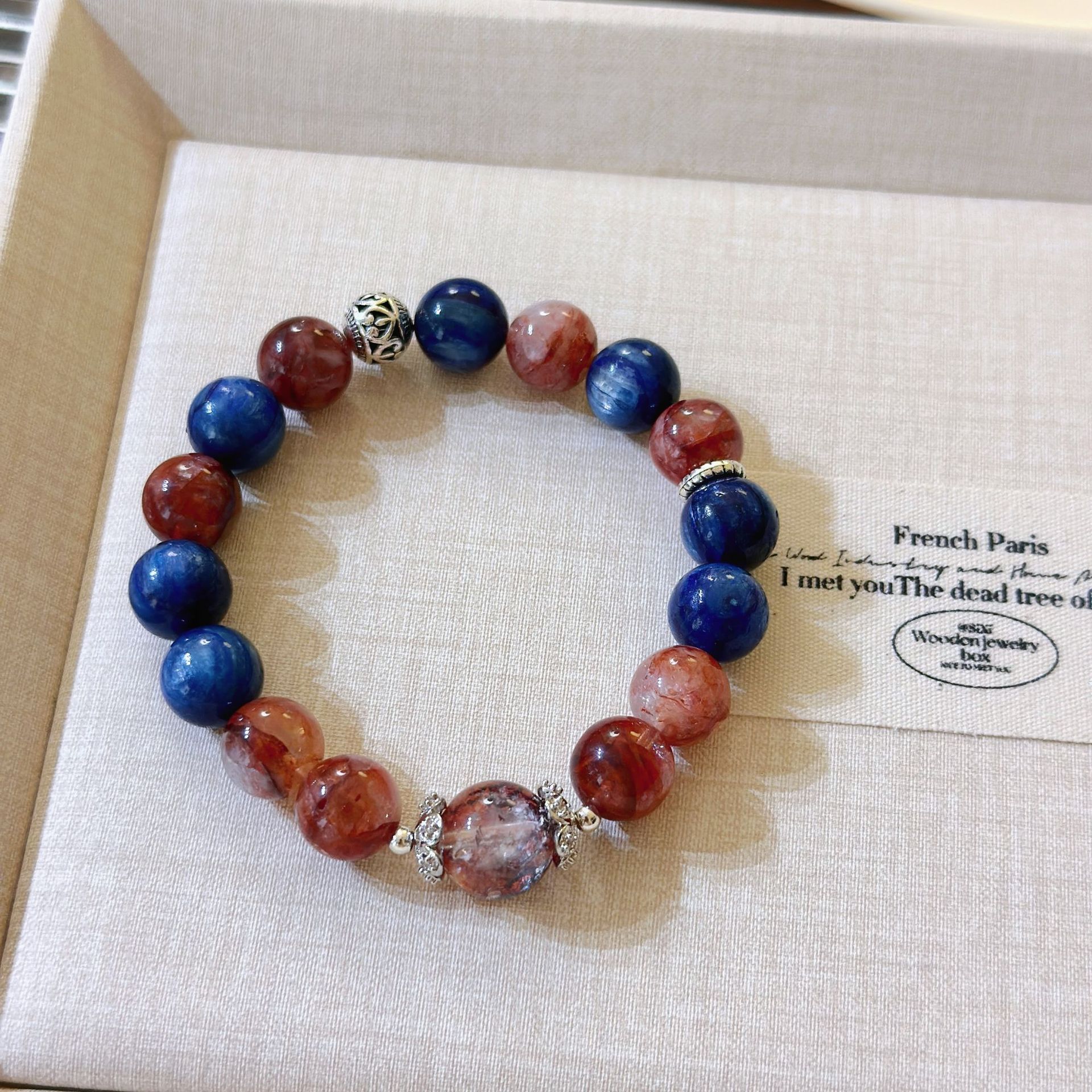 Luxury Unisex Handmade Natural Blue Calcite Wristband with Mixed Colors of Red Corals and Blue Stones