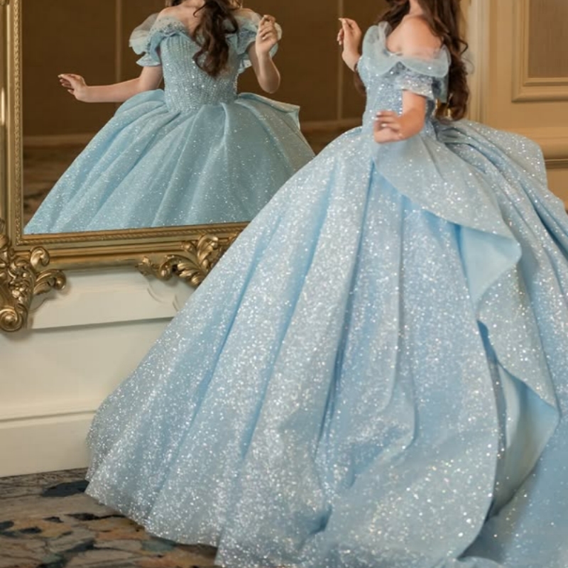 Sky Blue Quinceanera Dresses Ball Gown Off The Shoulder Beading Crystal Corset Tull Party Birthday Sweet 16 Dress Vestidos 15 De Anos