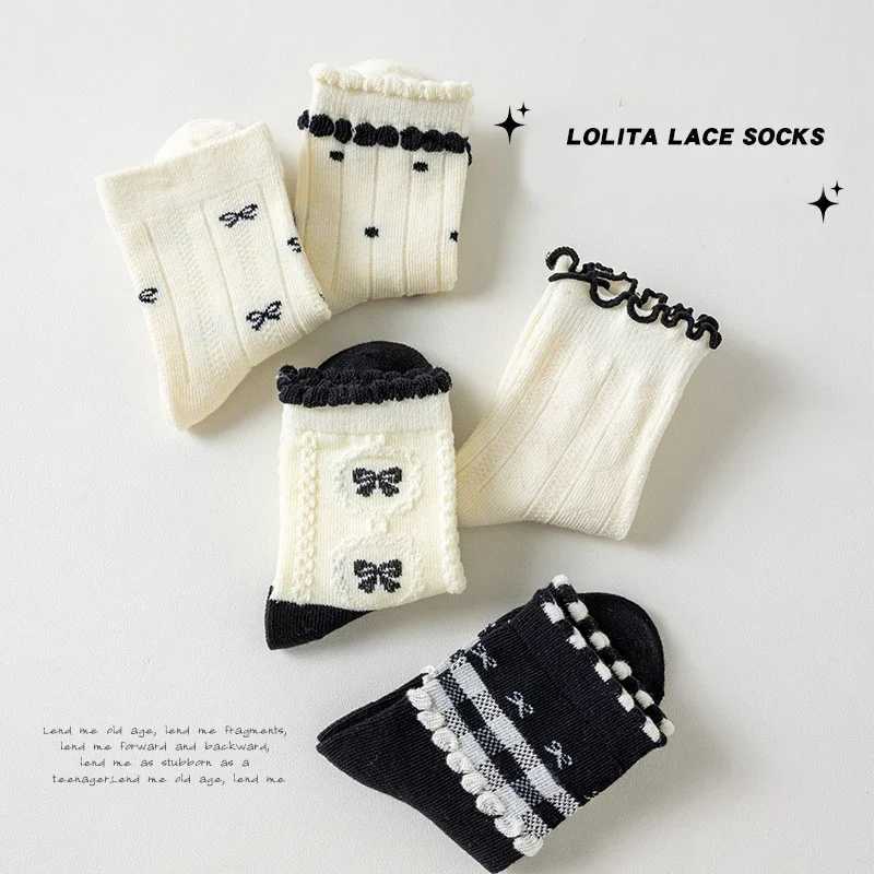 Trendy Cotton Solid Children Girls Lace Socks 5 Pairs Bow Ties Soft Breathable Striped Nonslip Half Princess Socks for Girls J251024