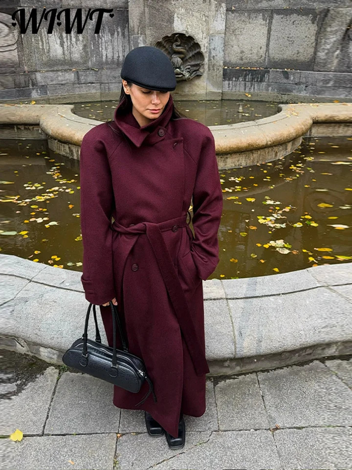 Elegant Double Breasted Woolen Coat Winter Lady Lapel Raglan Sleeve Full Sleeve Overcoat Womens High Street Outwear 251020