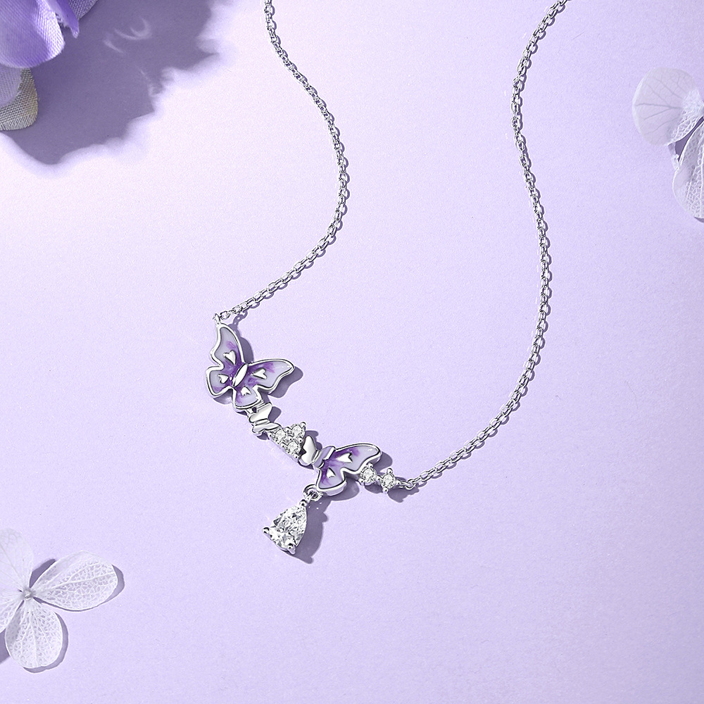 TaiYang New S925 Sterling Silver Purple Butterfly Dream Necklace, Fluorescent Glow Fringe Pendant with Ethereal Fairy Aesthetic