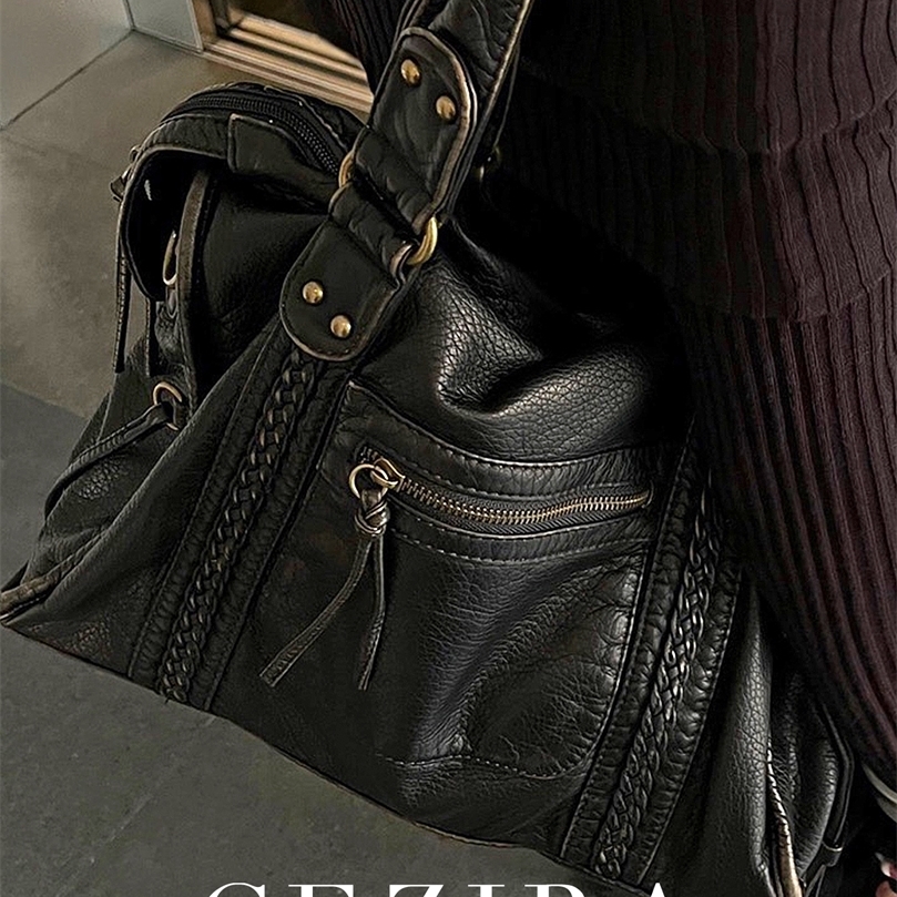 Vintage Washed PU Leather Large Capacity Tote Zip Pockets Braid Decor Shoulder Cross body Bag Unisex Women Daily Travel Handbag 251023ww