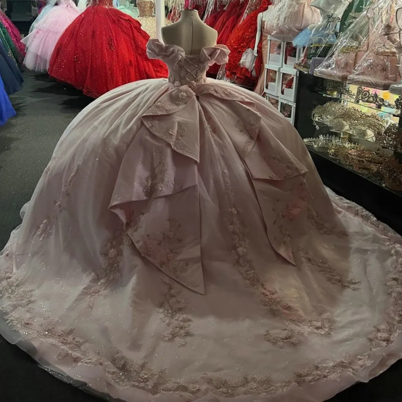 Light Pink 3D Flowers Appliques Lace Quinceanera Dresses Ball Gown Off The Shoulder Bow Sweet 15 Anos Mexican