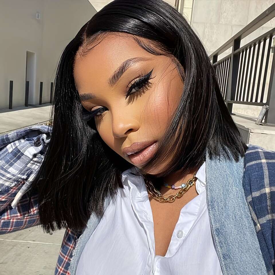 200% Density Short Bob Front Human Hair Straight Wigs For Women 13x4 HD Transparent Brazilian Lace Frontal Wig Pre Plucked Natural Black Color