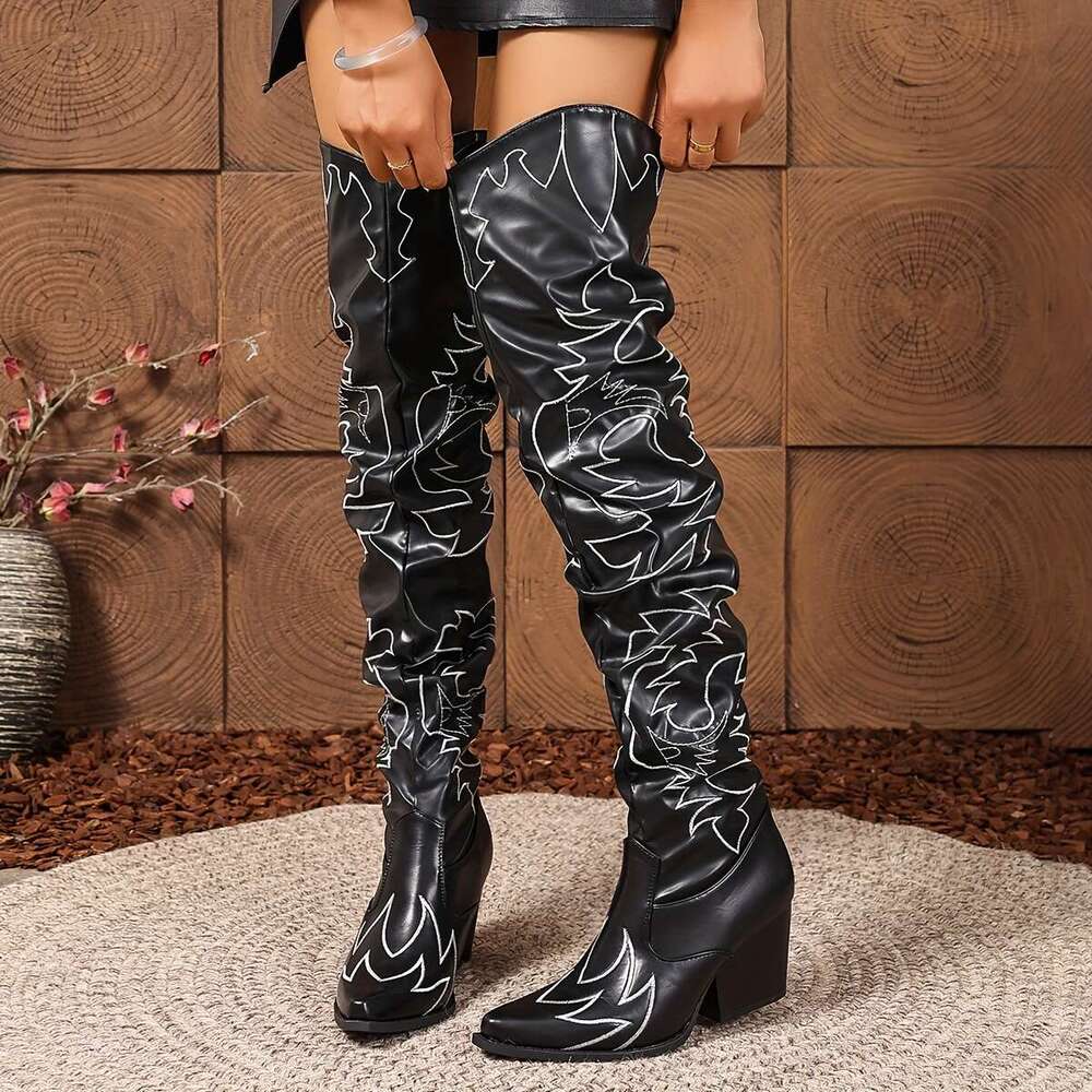 Women's Retro Embroidered Over-The-Knee Boots - Slip-On Chunky High Heel, Toe, Faux Cover With Fabric Lining Rubber Sole For Music Festivals & Bo