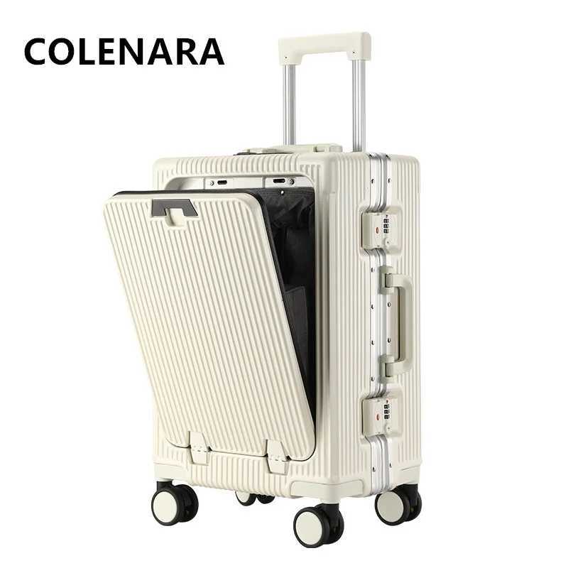 COLENARA High Quality Suitcase 2024 Inch Front Opening Laptop Trolley Case Aluminum Frame Boarding Case USB Charging LuggageW251024
