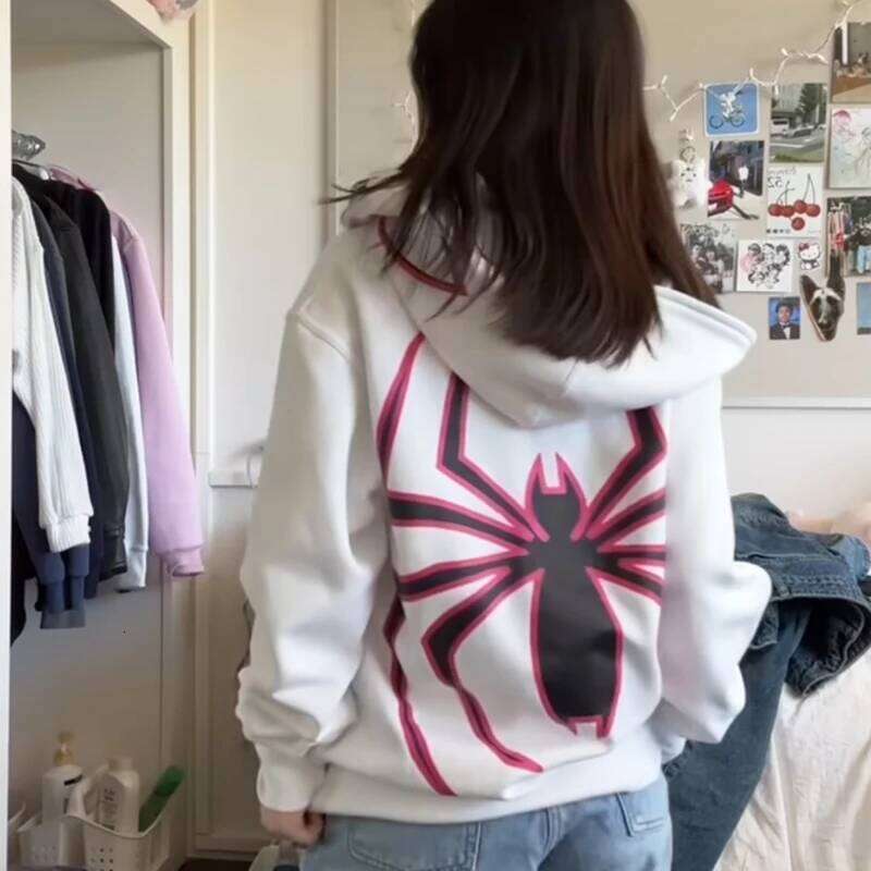 Y2k New Korean Women Hooded Shirt Gothic Spider Print Hoodie Zip Up Sweatshirt Vintage Streetwear Clothing Loose Hip Hop Clothes