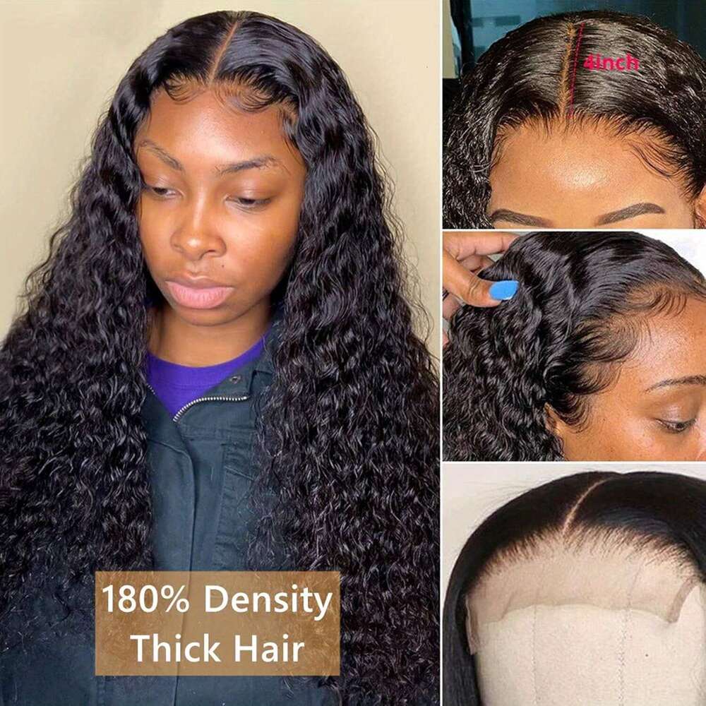Human Front Wig Deep Wave 4x4 Lace Closure HD Transparent Wigs for Women 180% Density Brazilian Virgin Pre Plucked with Baby Hair Natural Black Color