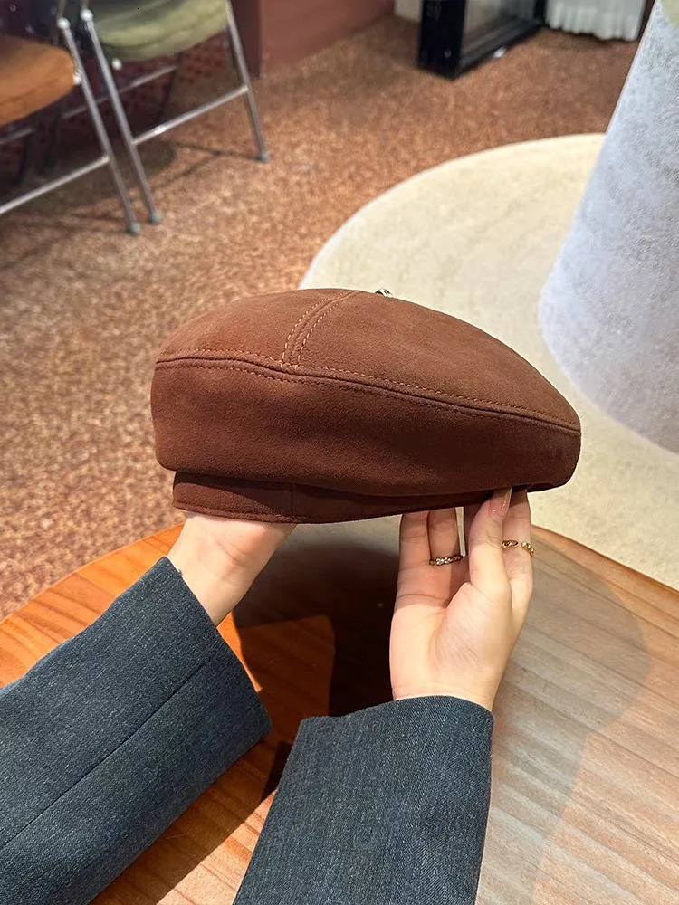 Spring 100 Real Leather Suede Beret Hat Women Fashion European Pumpkin Painter Caps Female GreyCarame Caps for Women 251023