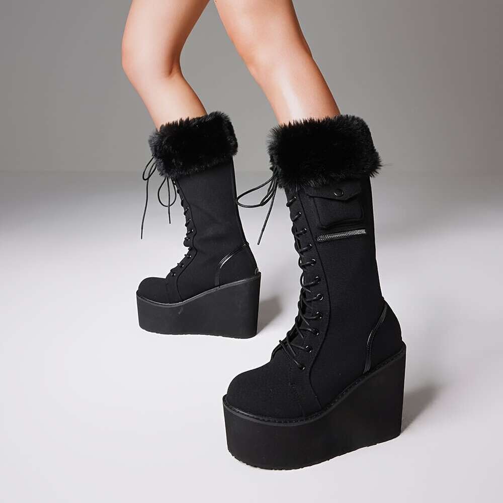 Goth Knee Fashion Wedges High Heels Lace-Up Boots, Women Round Toe Black Platform Combat Womens Lace Up Wedge Chunky Block Heel Punk Boots Gothic Moto