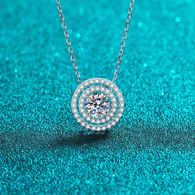 DHCollections-- Sterling Sier Necklace for Women Double Circle Round Moissanite Clavicle Chain Plated with PT950 Gold