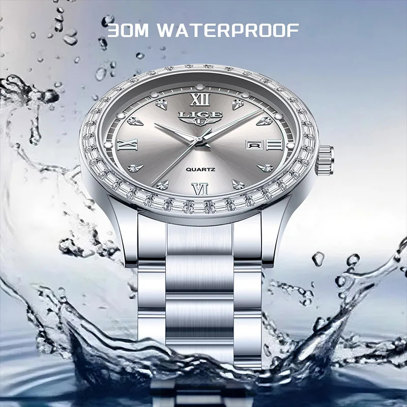LIGE elegant womens watch Fashion waterproof clock luminous stainless steel business quartz watch for Women reloj de mujerBOX 251021