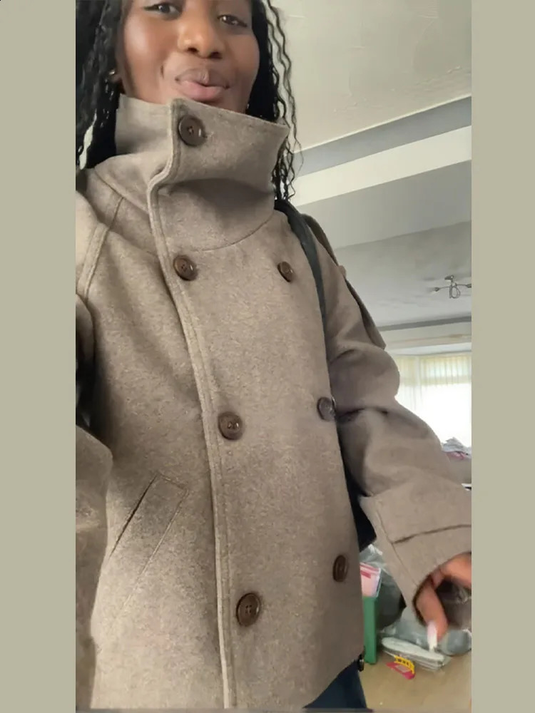 Casual Turtleneck Womens Woolen Coats Stand Collar Double Breasted Long Sleeve Pockets Jackets 2025 Autumn Winter Lady Outwear 251016