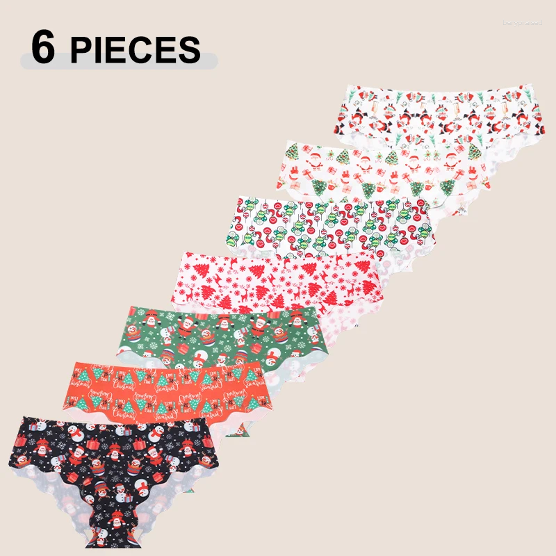 Women's Panties 6Pcs/Set Sexy Traceless Waves Edge Briefs Christmas Snowman Elk Xmas Tree Santa Claus Underwear Festival Cartoon