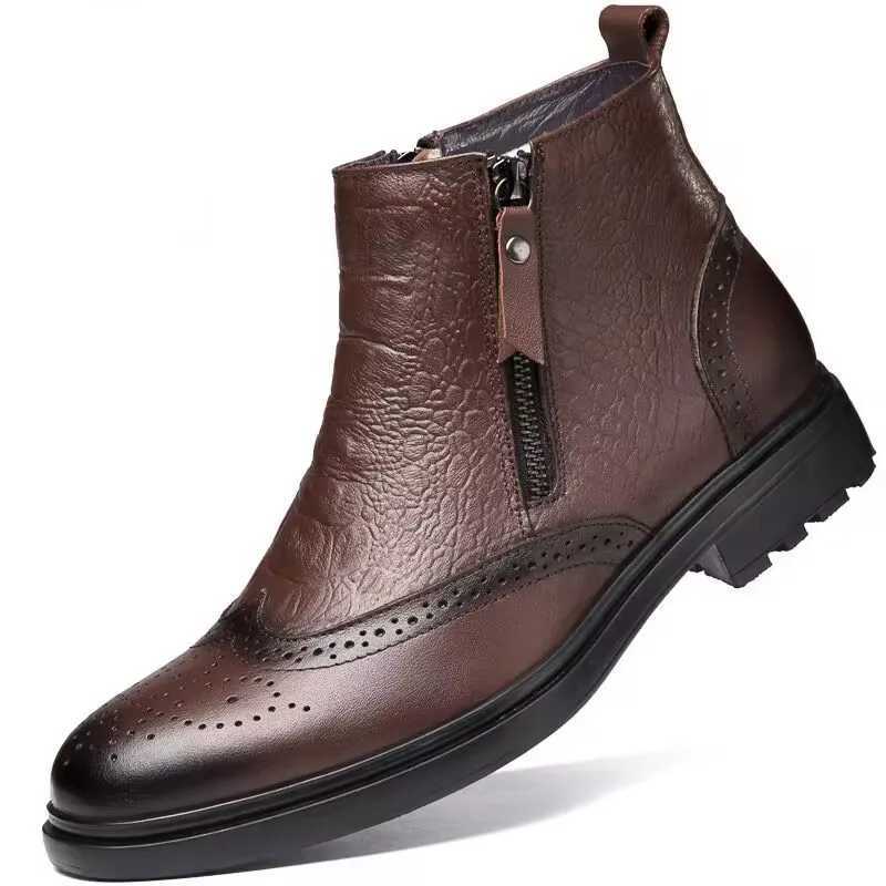 Genuine Leather Men Side Zipper Ankle Boots 2023 Men Winter Plush Snow Boots Fashion Men Casual Low Top Shoes Allmatch Men Shoe W251024