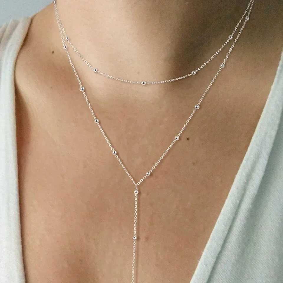 DGIDDK Stainl Steel Vintage Gold Double Long Chain Drop Necklace Female Simple Metal Geometric Beads Tassel Necklace JewelryXJ251024
