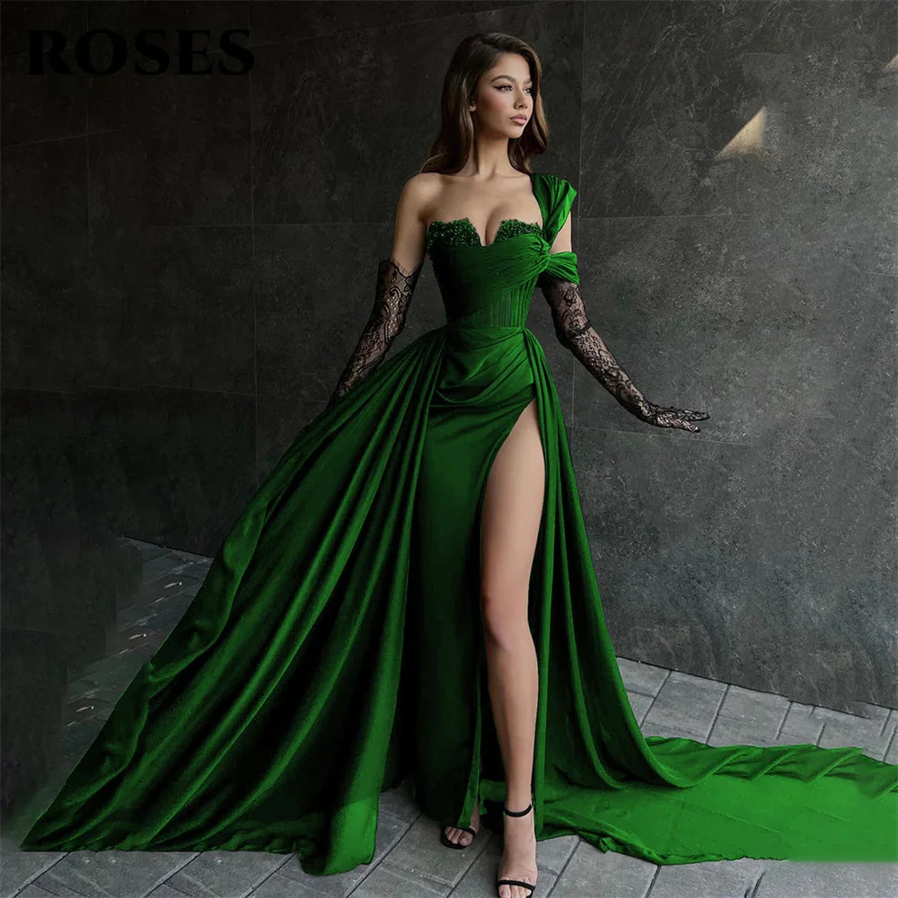 ROSES Red Side High Split Mermaid Evening Dresses One Shoulder Prom Dresses Sweetheart Stain Formal Occasion Dress Customized 251023