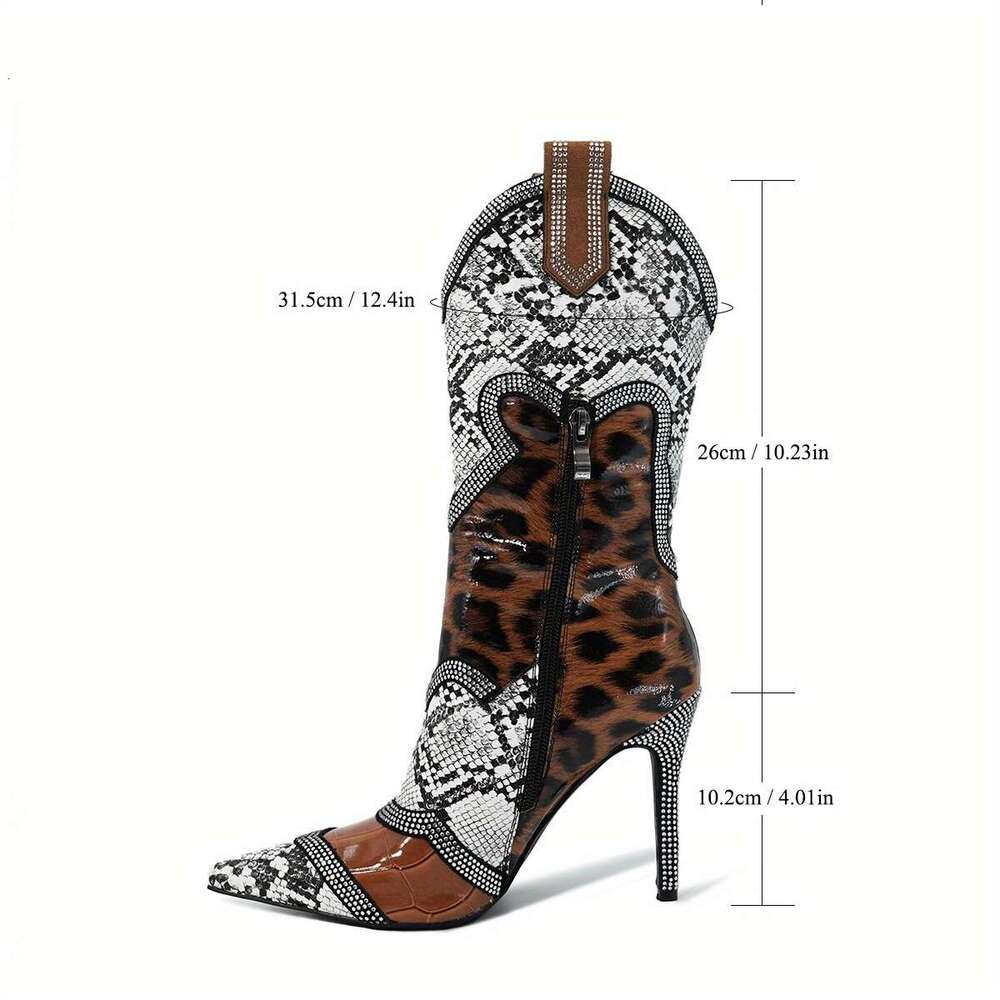 Women's Slim High Heels, Color Blocked Rhinestones, Winter Midsole Boots