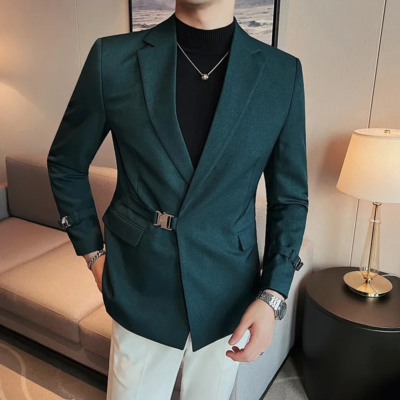 Men Party Wedding Banquet Blazer Solid Metal Buckle Decoration Blazer For Italian Suit Jacket Slim Fit Blazer Homme 251023