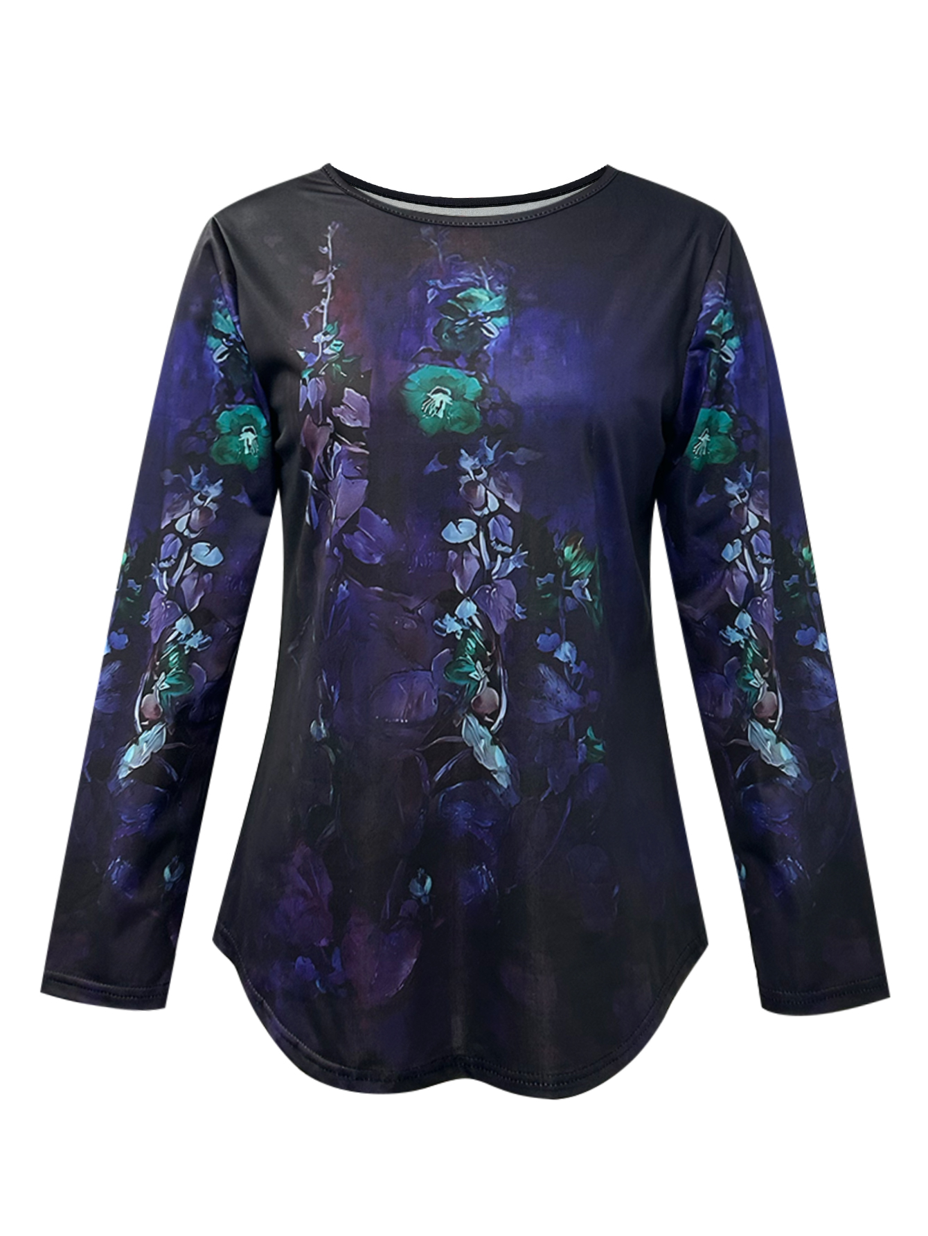 Autumn Winter New Women's Floral Printed Long Sleeve T-Shirt, Milk Silk Casual Loose Top, S-XXL Mixed/Dark Green--CF41374