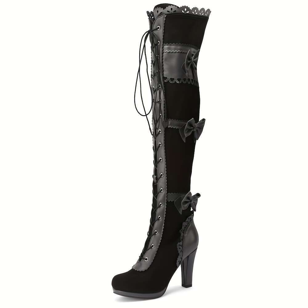 AMINUGAL Women's Steampunk Gothic Pirate - High Heel Over-The-Knee Lace-Up Thigh Boots With Bowknot Detail, Chunky Mid-Heel, PU Cover & Rubber So