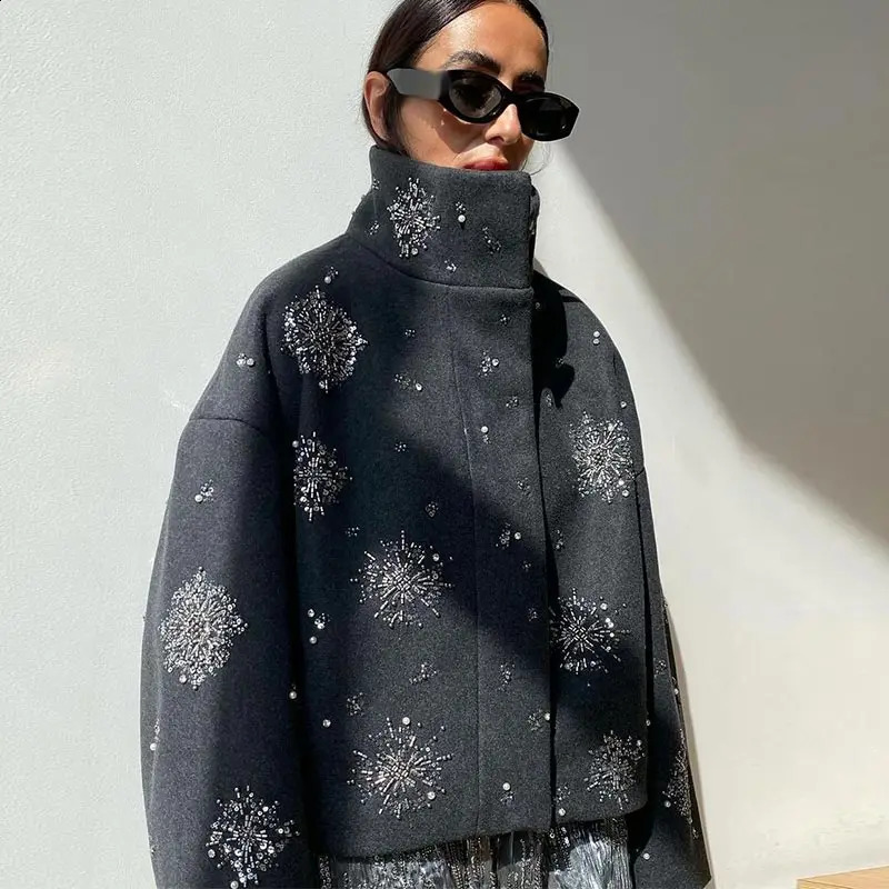 Casual Embroidery Beading Loose Women Coat Lapel Collar Bat Sleeve Solid Wool Blend Jacket 2025 Lady Spring Outerwear 251018