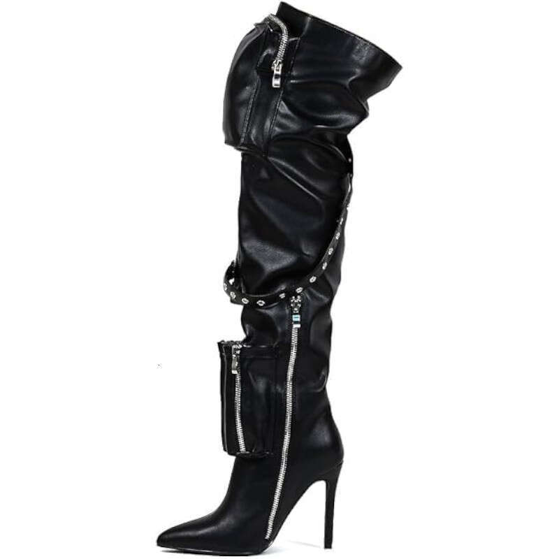 Women's Closed Toe Pocket Detail Stiletto Heel Over The Knee Boots