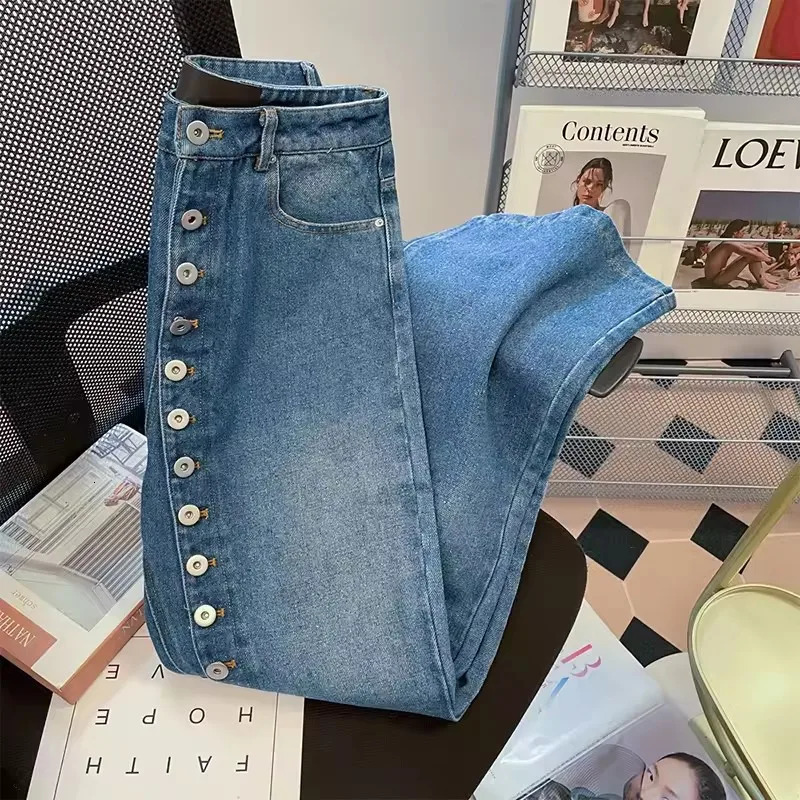 Retro Blue Straight Loose Jeans Spring Autumn Multi Buttons Slim Wide Leg Denim Pants Female Trousers Streetwear 251021