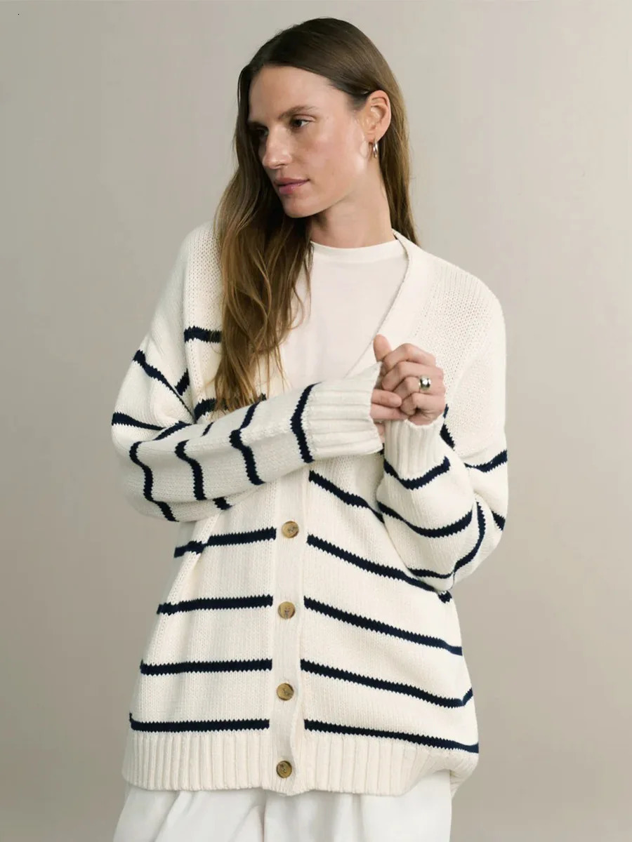 Bornladies Autumn Winter Womens Striped Knit Cardigan V Neck Cotton Thickened Warm Loose Fit Female Sweater Top 251013