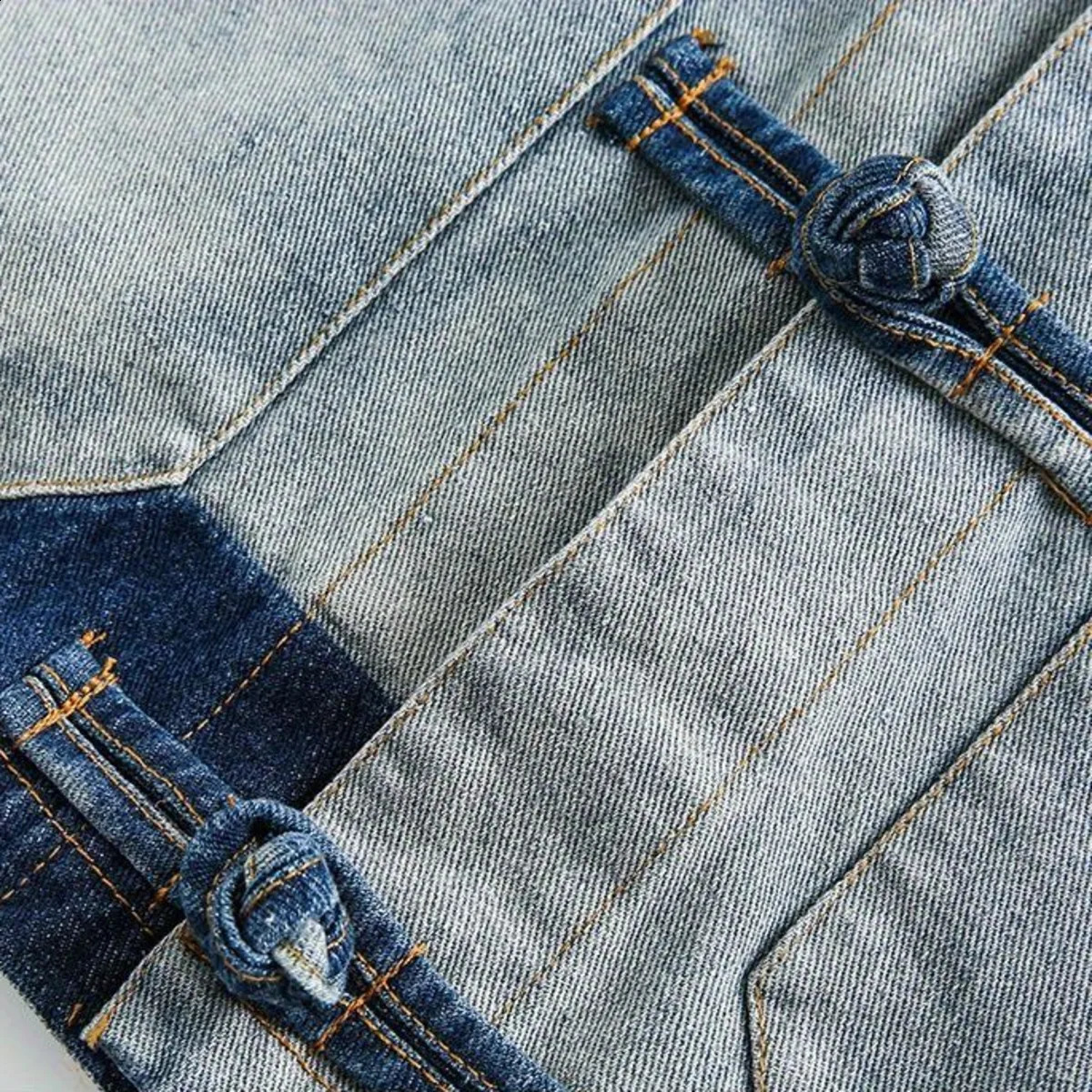 Retro Chinese Style Men Chic Distressed Denim Jacket with Frog Buttons Unisex Vintage Streetwear Coat for Casual Couple Wear 251017