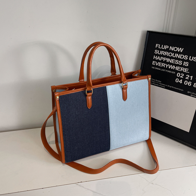 New autumn and winter women's large capacity shoulder bag new color blocked denim luxury handbag versatile commuting bag simple casual tote bag