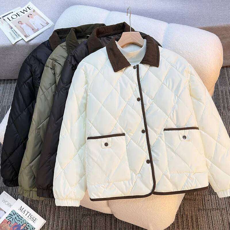 Women's Autumn Winter Top Cotton Coat Dia Pattern Color Block Thickened Fleece Lining Simple Comfortable Casual Skinny