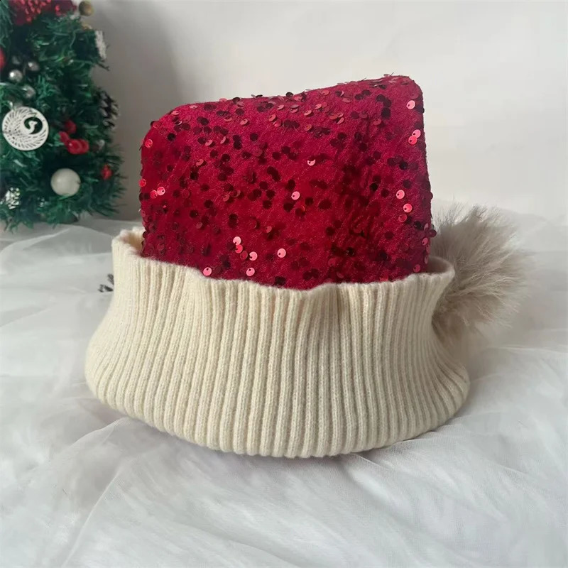 Santa Hat Christmas Hats Xmas Party Hat Red Glitter Knitted Beanie Hat For Adult Women Men Year Decor Party Supplies 251023