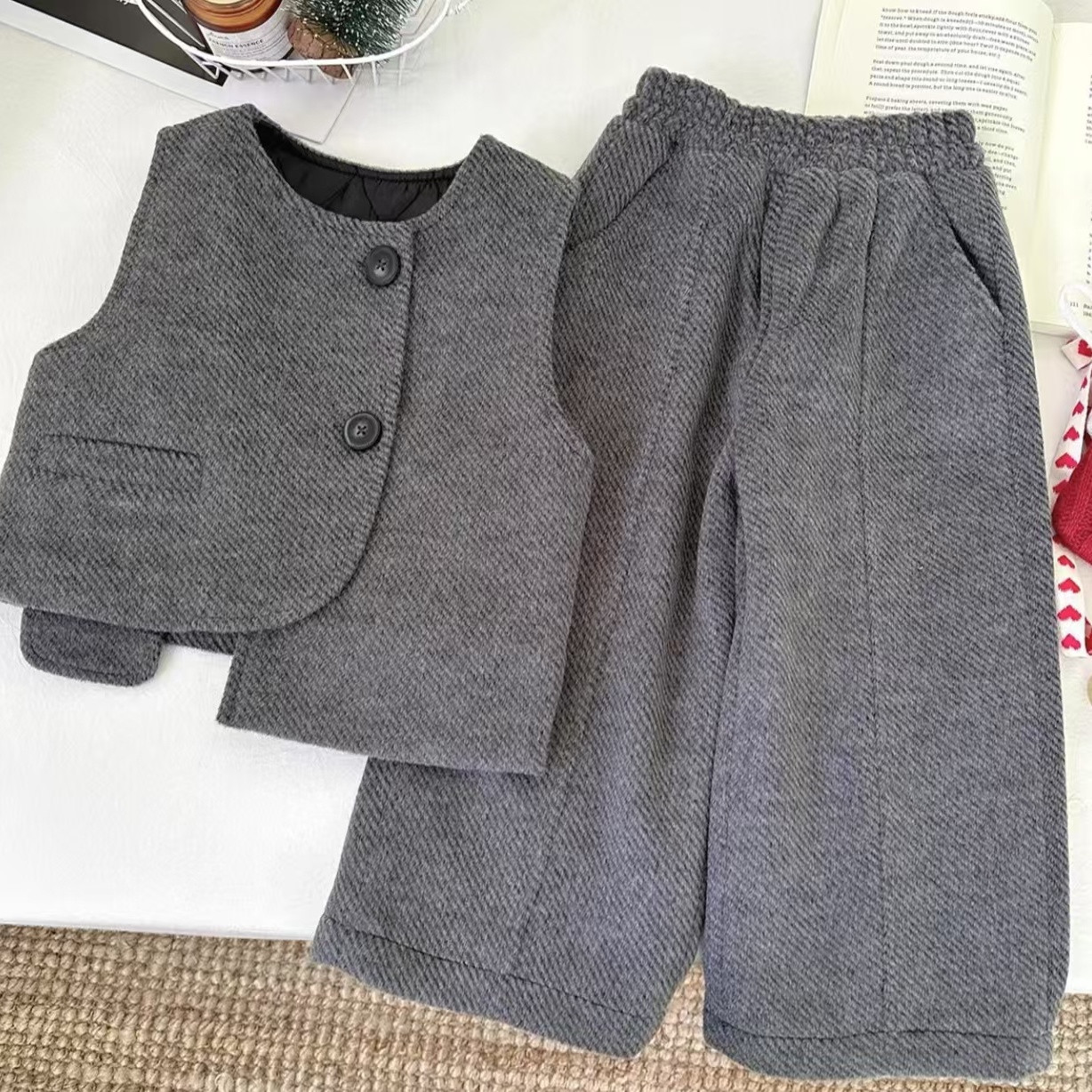 Free Shipping Kids' 2025 New Fashion Winter Fleece-Lined 3-Piece Set: High Neck Sweater, Thick Vest & Pants