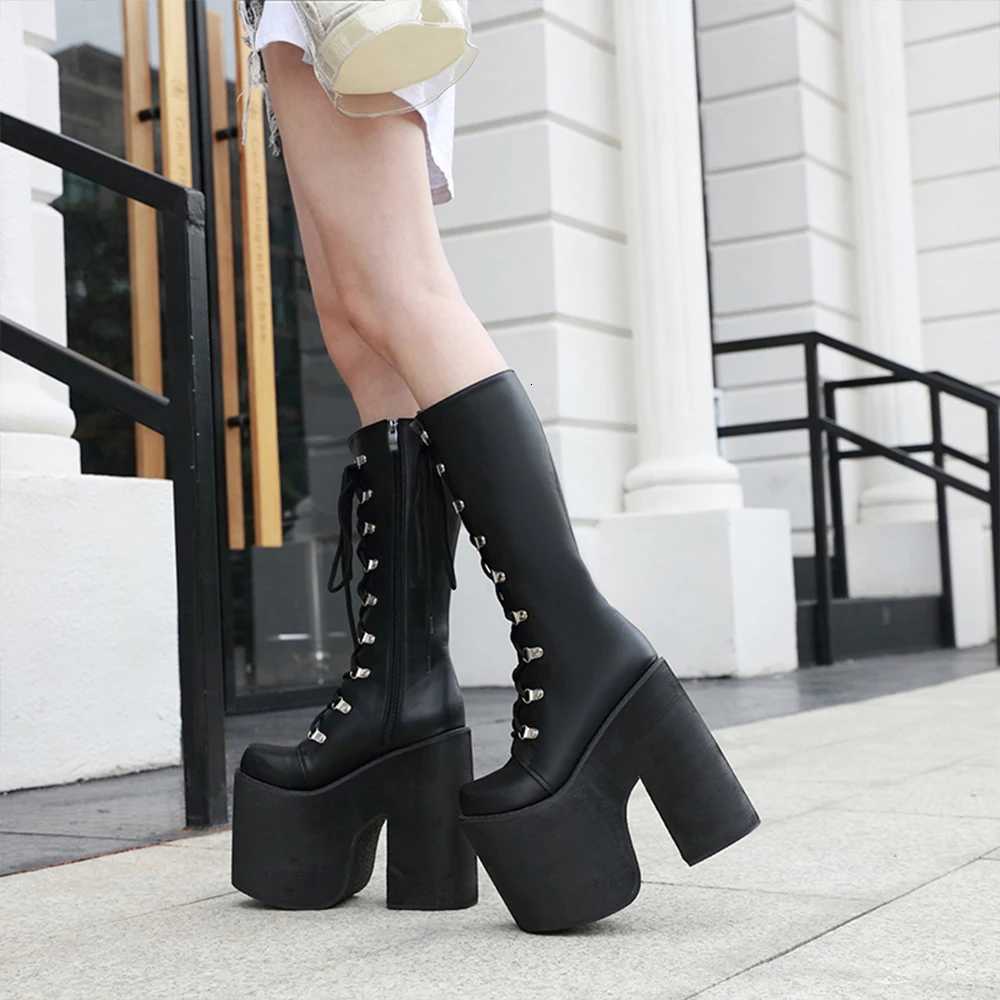 Gdgydh Womens Y2K Side Zipper Platform Boots Knee High Motorcycle Boots Black Closed Toe Lace Up Long Boots W251024