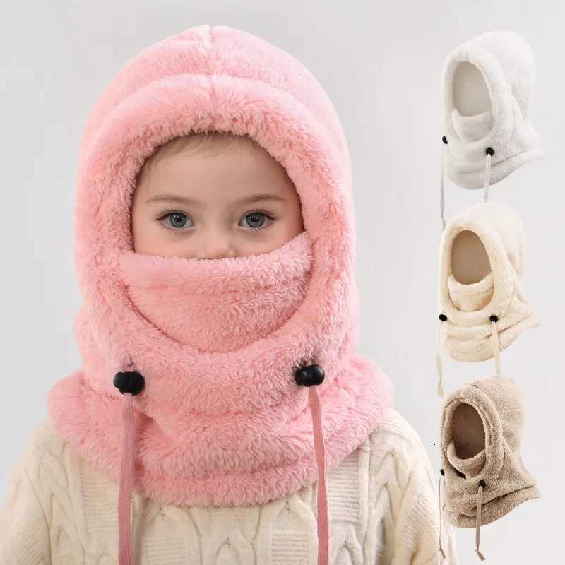 Kids Winter Sports Balaclava 3in1 Fleece Face Mask Hat Neck INS solid color Warmer Windproof furry hats for Skiing CyclingL251024