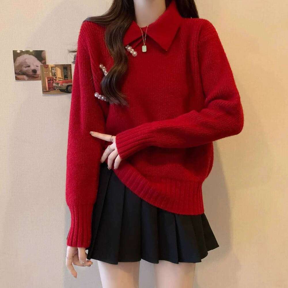 Autumn Winter Red Sweater Women Year Christmas Unique Top New Chinese Style Warm Festive Turn-Down Collar Trend Fashion