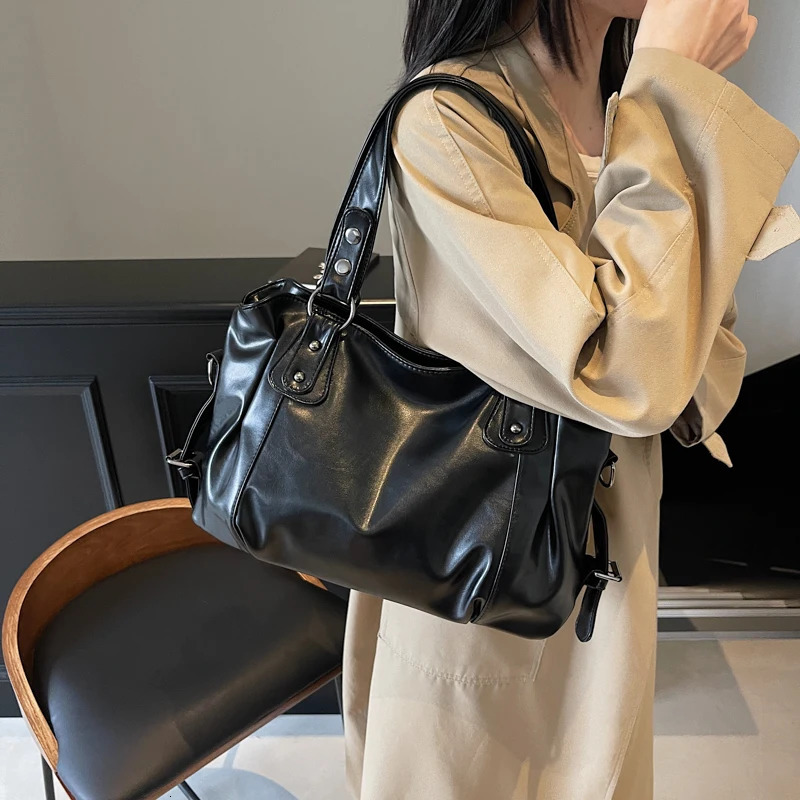 1 Piece Womens Pure Color Pu Retro Large Capacity Shoulder Tote Bag 251023ww