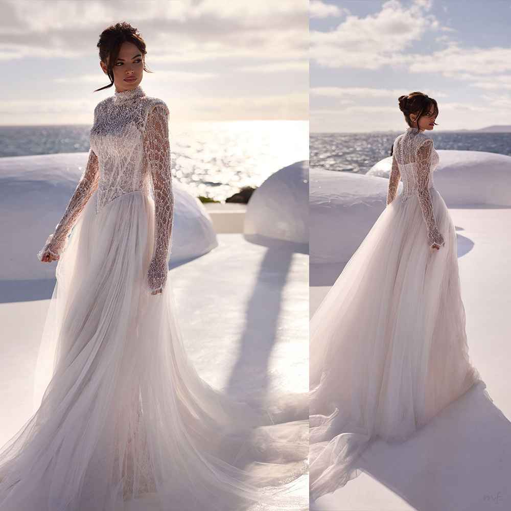 Luxury A Line Women Wedding Dress High Collar Long Sleeves Bridal Gowns Pearls Beaded Sequins Sweep Train Dress Customized vestidos de novia
